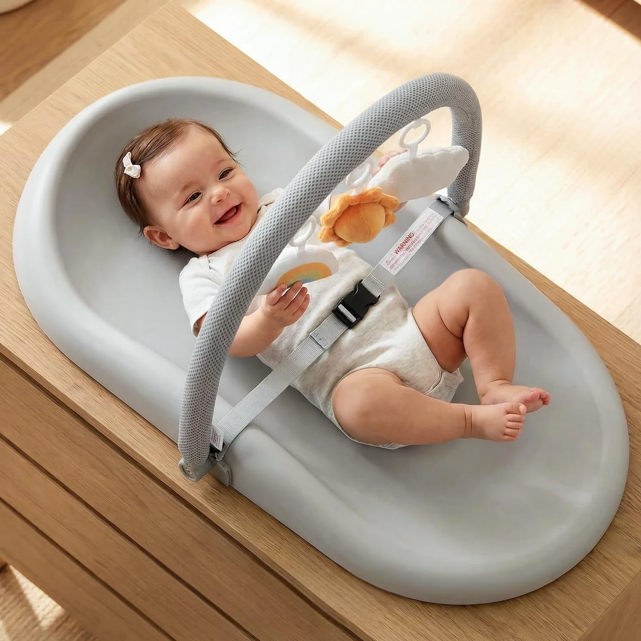 Wipe-Clean Changing Pad · With Toy Bar Grey